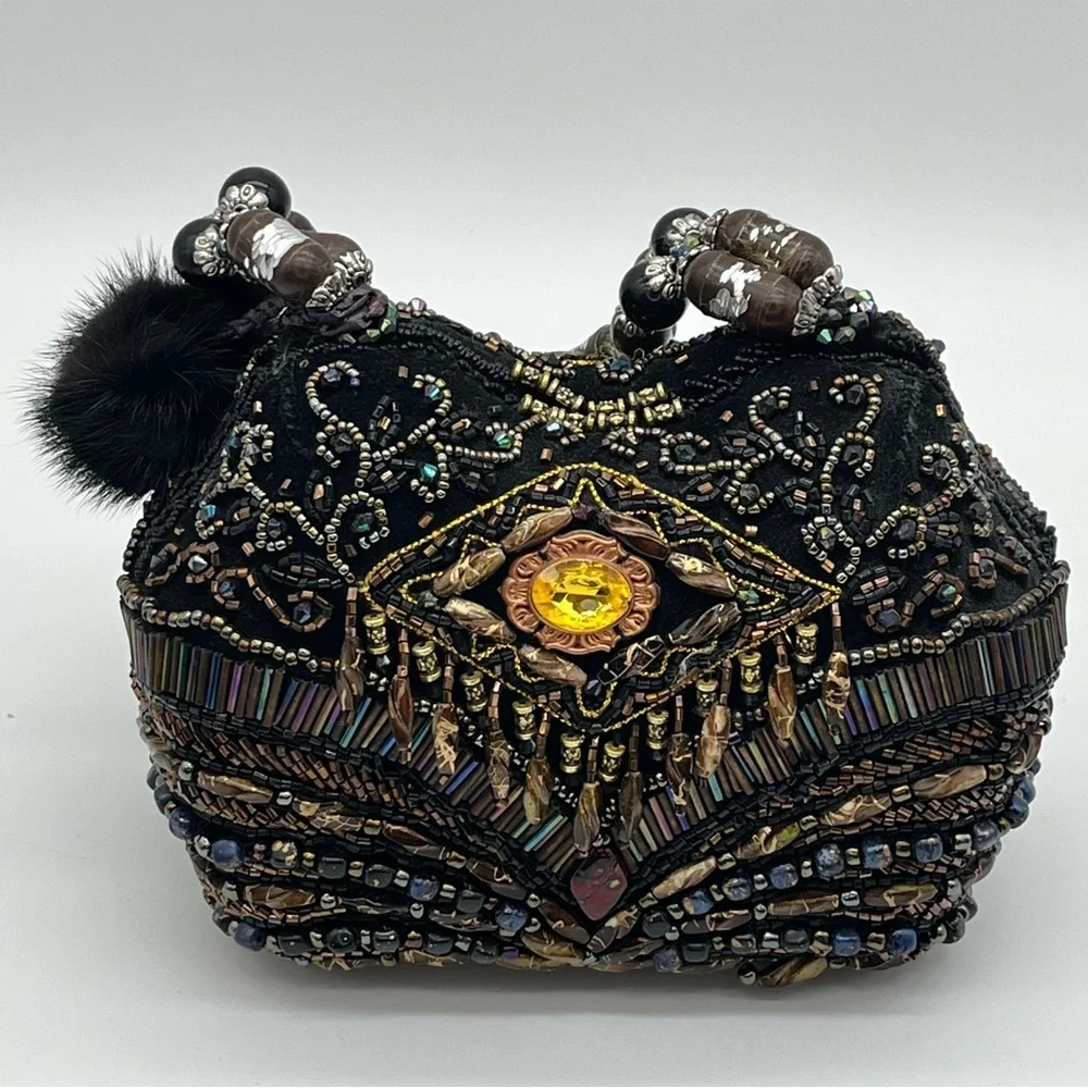 Vintage Mitchie's Beaded Handbag Purse Evening Bag Black Jeweled Multicolor